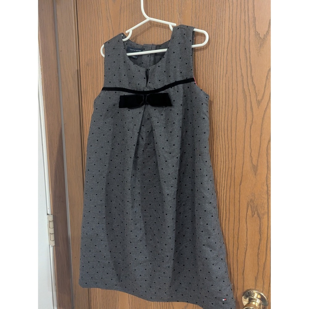 Tommy Hilfiger Girls Grey Polka Dot Velvet Bow Sleeveless Dress Size 12